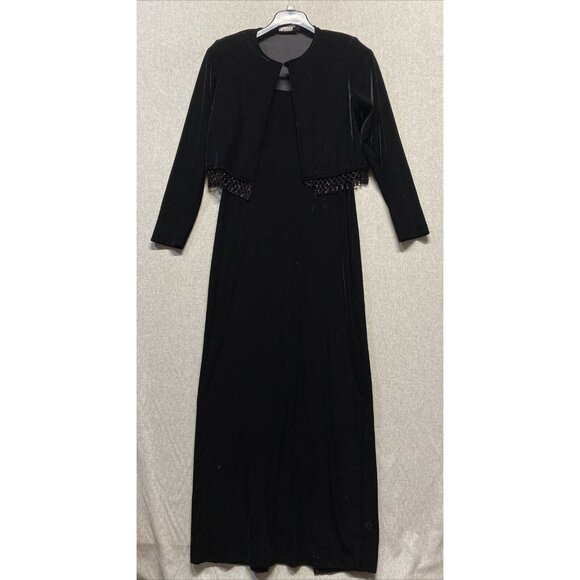 Flowers Dresses & Skirts - Crimson Womens Maxi Long Evening Gown Dress & Jacket Size 8 Velvet Black Beaded